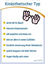Der kinästhetische Typ lebt vor allem in seinen Gefühlen. Daher atmet er tief im Bauch und seine Augen sind häufig nach unten gerichtet. Er spricht langsam und mit einer tiefen Stimme. Insgesamt scheint er eher passiv zu sein, da seine Gefühle ihm weniger spontane Reaktionen erlauben. Seine Muskeln sind entspannt. Bei einem Treffen wird Sie der kinästhetische Typ nicht mit einem freundlichen Blick oder ein paar warmen Worten begrüßen, sondern wahrscheinlich mit einer herzlichen Umarmung oder einem kräftigen Händedruck. Er achtet sehr auf Bewegungen und innere Gefühle. Wenn er sich an etwas eri