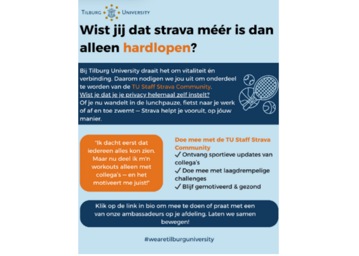Middel 3 - Social media post - 
Met “Strava; jouw beweging, jouw tempo!” verlagen we de drempel voor medewerkers van Tilburg University om de app te gebruiken, door nadruk te leggen op privacy, eigen tempo en herkenbare collega’s als rolmodel. 