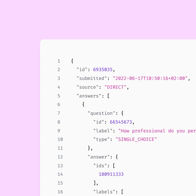 Przykład danych z ankiety w wyniku API.