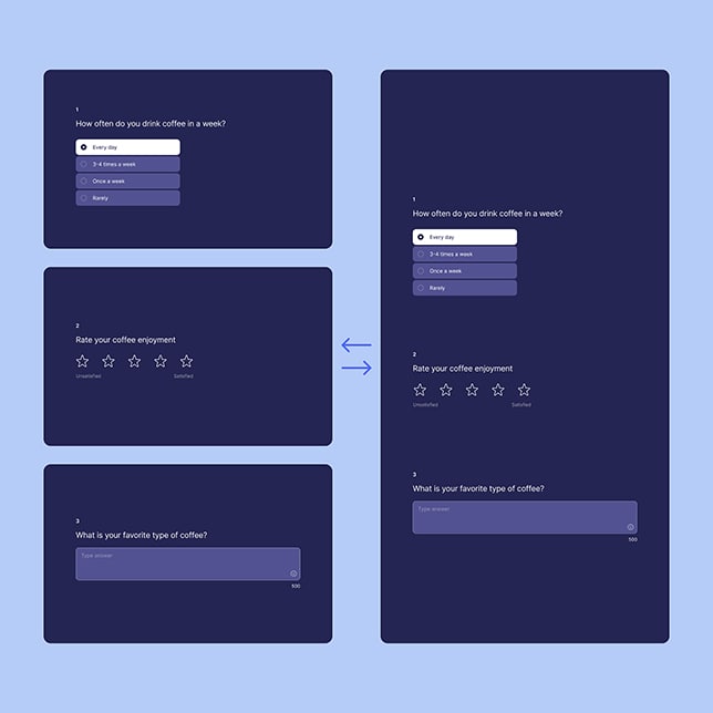 Ankieta z różnymi typami pytań w różnych układach.