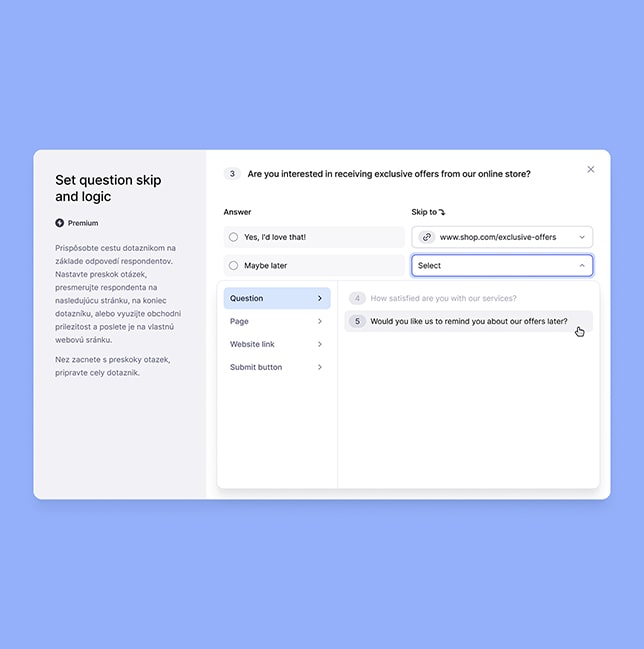 Okno edycji funkcji przeskakiwania pytań w edytorze ankiet.