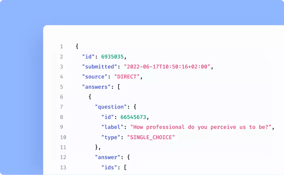 Voorbeeld van API-uitvoer van een inschrijving met gegevens uit een enquête.
