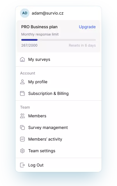 Menu profilu użytkownika rozszerzone o funkcje zespołowe.