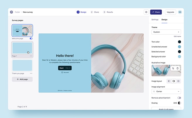 Ulepszony edytor ankiet Survio z nowym układem stron w stylu prezentacji.