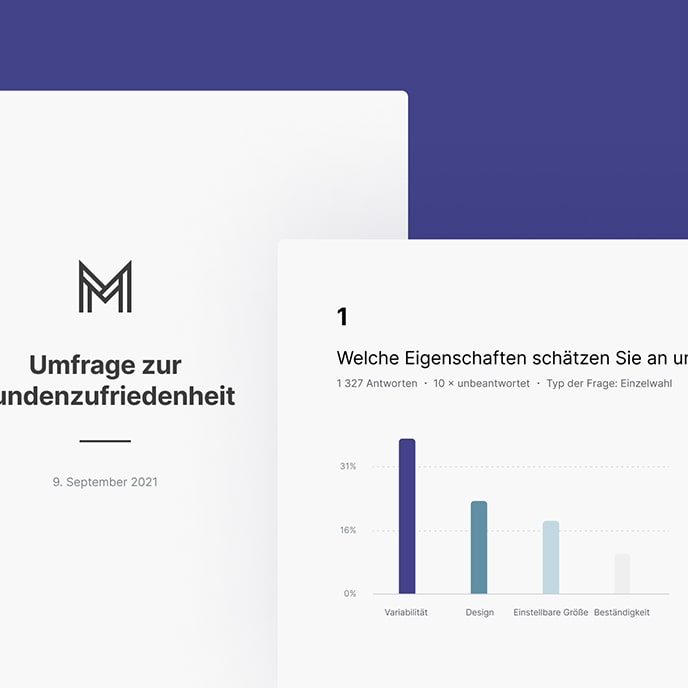 Startseite der Umfrage zur Kundenzufriedenheit mit einem Streifendiagramm für die Beispielfrage.