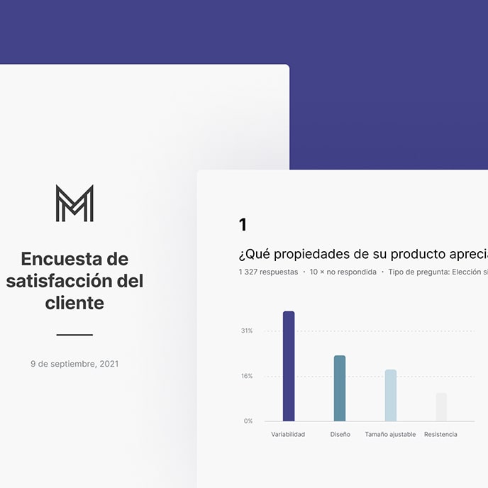 Página de inicio de una encuesta de satisfacción del cliente con un gráfico de barras para la pregunta de ejemplo.