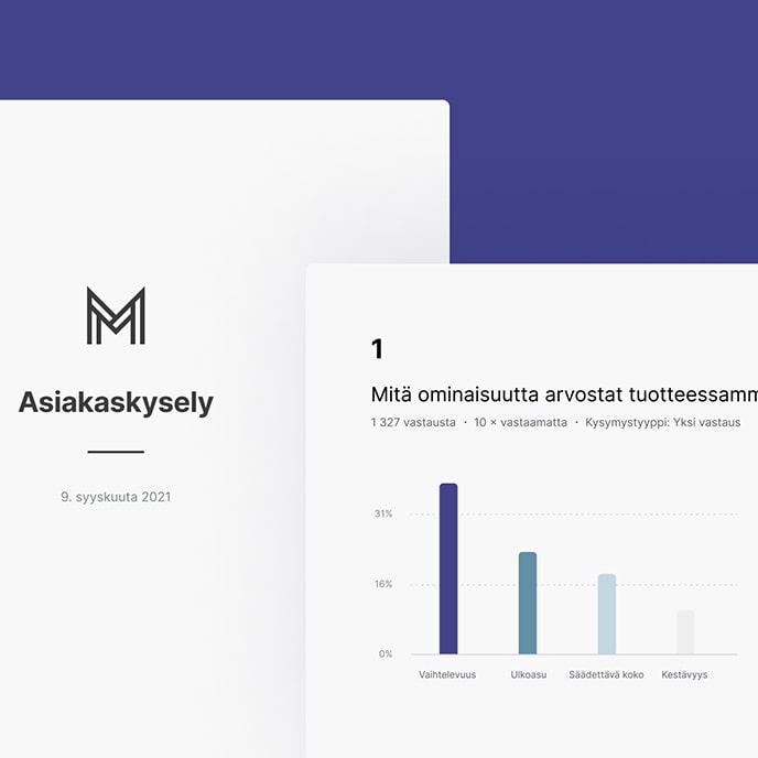 Asiakastyytyväisyyskyselyn aloitussivu, jossa esimerkkikysymys pylväskaaviossa.