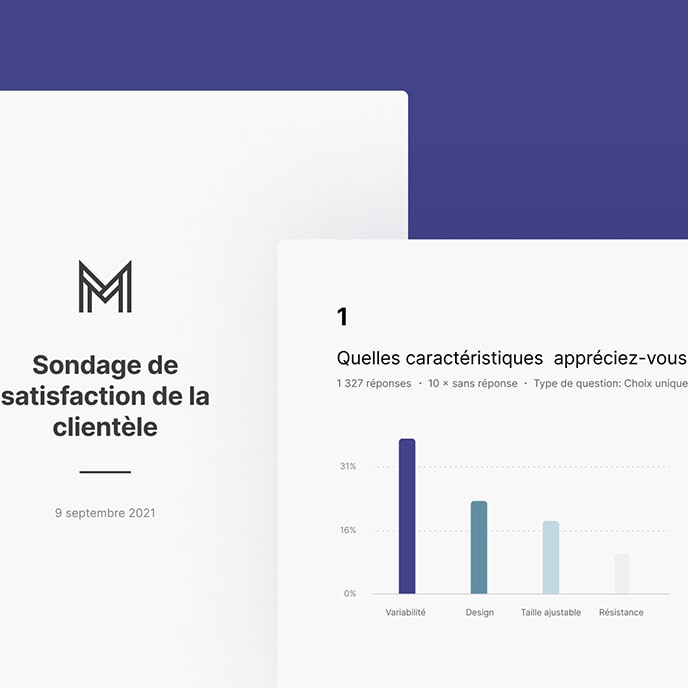 Page d'accueil d'une sondage de satisfaction de la clientèle avec un graphique en barres pour le type de question.