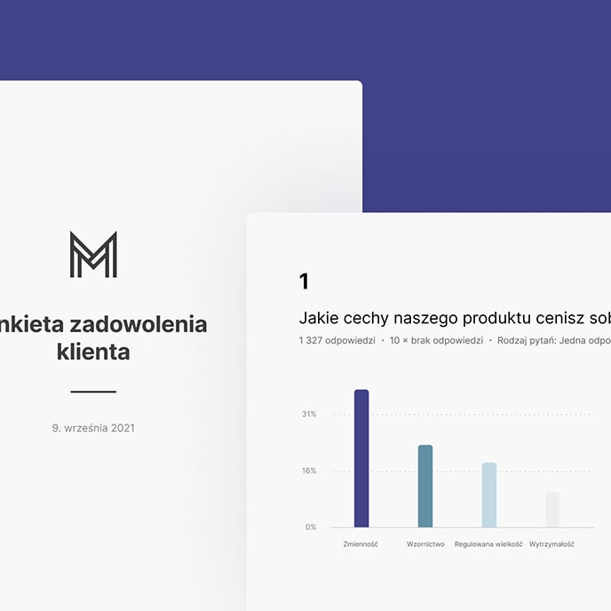 Pierwsza strona ankiety zadowolenia klienta z wykresem kolumnowym ilustrującym przykładowe pytanie.