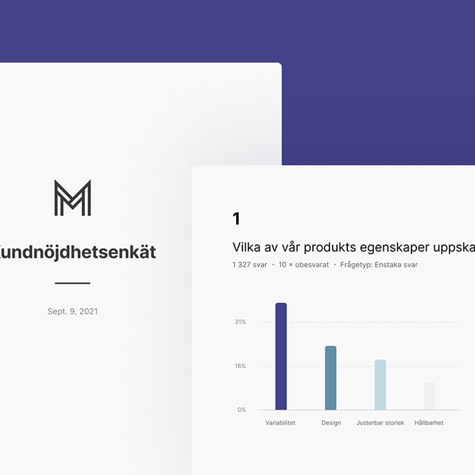 Välkomstsida för kundnöjdhetsenkäten och ett stapeldiagram till exempelfrågan.