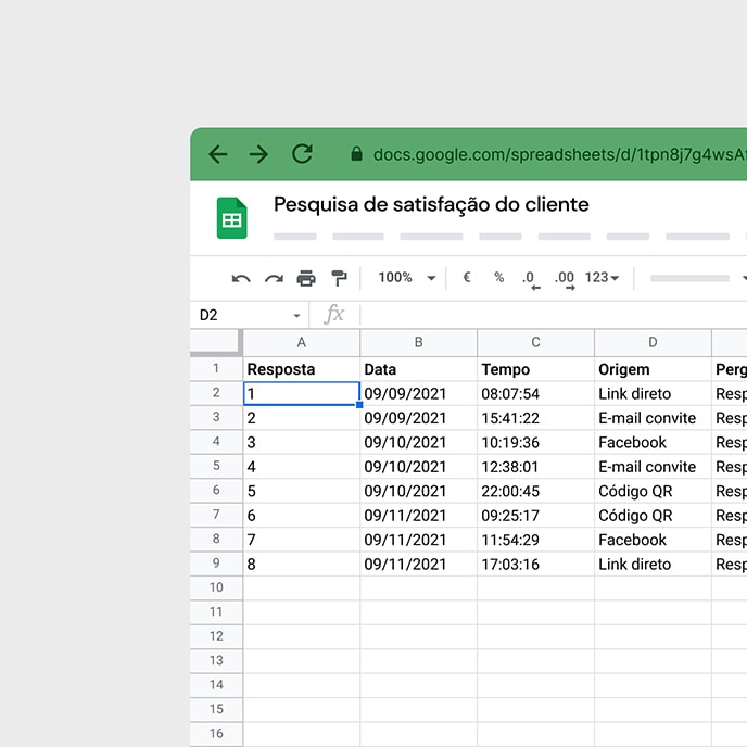 Exemplo de relatório com respostas individuais no Google Sheets.