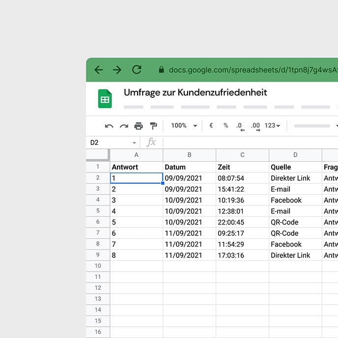 Ein Beispielbericht mit individuellen Antworten in Google Sheets.