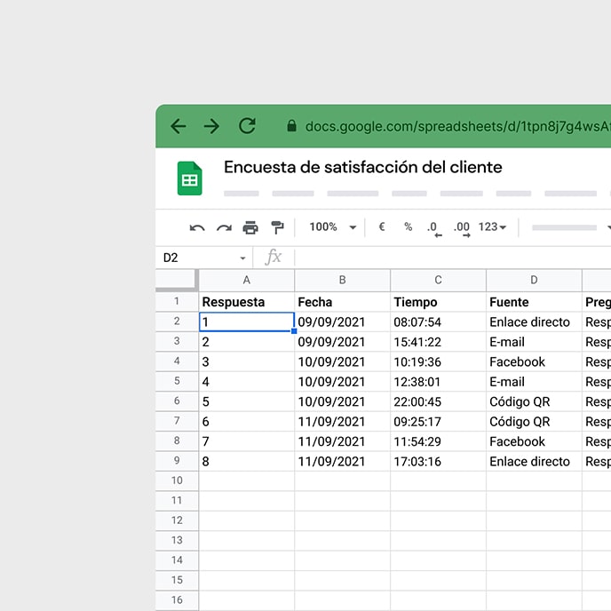 Un ejemplo de informe con respuestas individuales en Google Sheets.