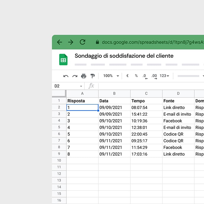 Esempio di report con risposte individuali in Google Sheets.