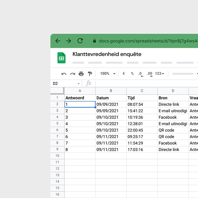 Een voorbeeldrapport met individuele antwoorden in Google Sheets.