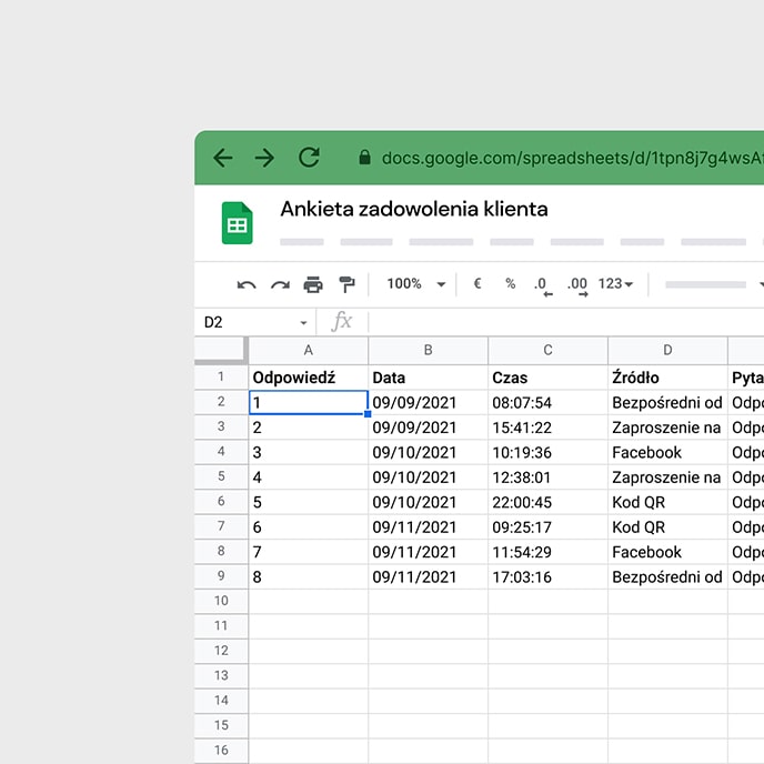 Prezentacja raportu z poszczególnymi odpowiedziami w Google Sheets.