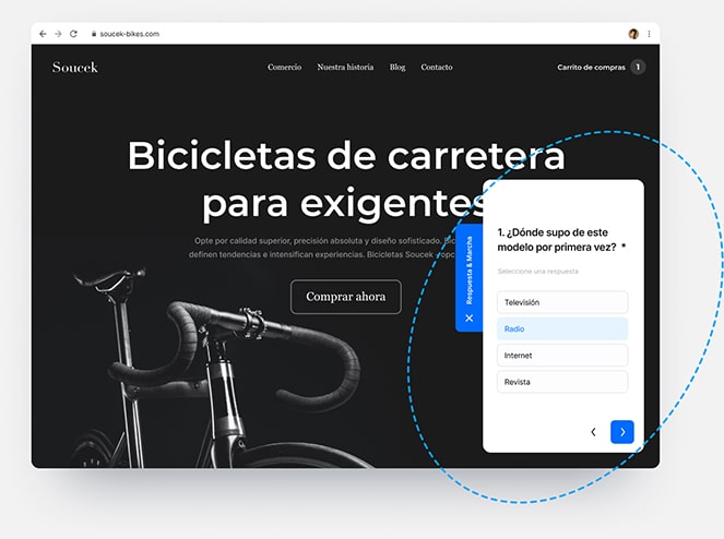 Web promotor de bicicletas de carretera. Muestra distintos modos de mostrar encuesta en línea en contenido de web.