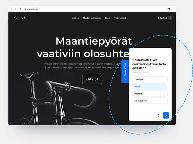 Maantiepyöriä mainostava verkkosivusto, joka näyttää verkkokyselyitä eri muodoissa upotettuna verkkosivuston sisältöön
