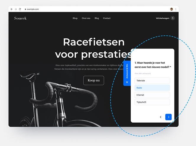 Een website die racefietsen promoot en een online enquête weergeeft in verschillende vormen, ingebed in de inhoud van de website