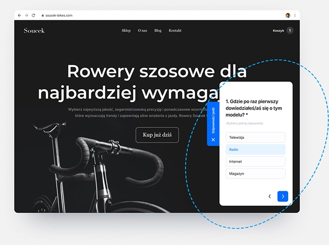 Strona sklepu sprzedającego rowery szosowe, która pokazuje różne sposoby wyświetlania kwestionariusza na tejże stronie.
