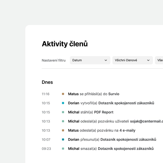 Obrazovka z aplikace Survio zobrazující rozhraní aktivity členů