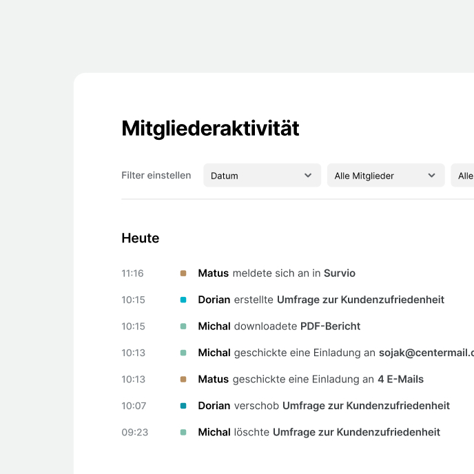 Ein Bildschirm der Survio-App zeigt Schnittstelle der Mitgliederaktivität