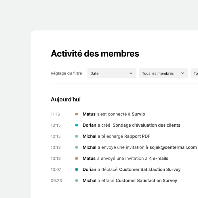 Écran de l'application Survio montrant l'interface de l'activité des membres