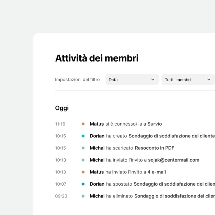 Schermata di Survio che mostra l'interfaccia dell'attività dei membri