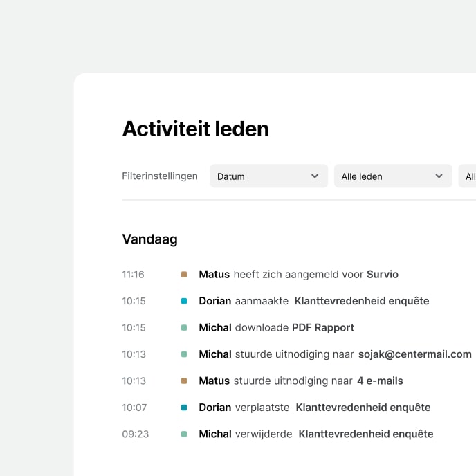 Schermopname van de Survio app toont de leden activiteit interface