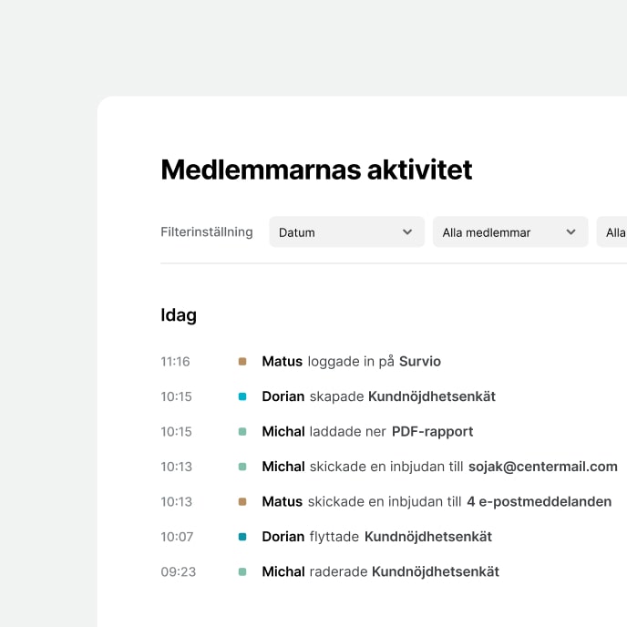Skärmbild från applikationen Survio som visar gränssnitt för medlemmarnas aktiviteter