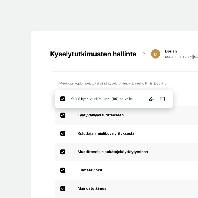 Survion sovelluksen näyttökuva, jolta näkyy kyselytutkimusten hallinta