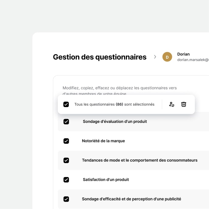 Écran de l'application Survio montrant l'interface de gestion des questionnaires