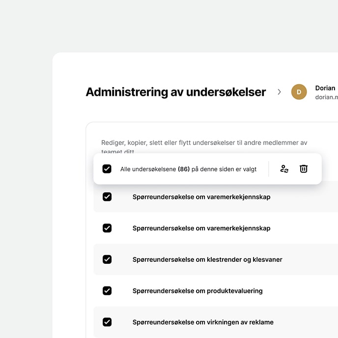 Et skjermbilde av Survio som viser brukergrensesnittet for administrering av undersøkelser