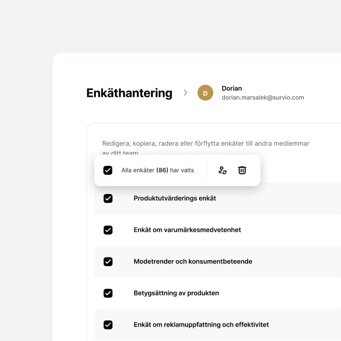 Skärmbilden från applikationen Survio visar gränssnitt för enkäthantering