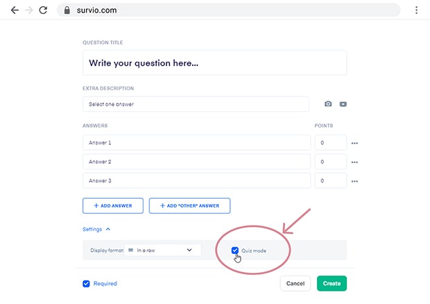 An example of a quiz mode in the Survio builder