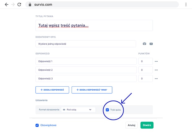 Przykład trybu quizowego w edytorze Survio